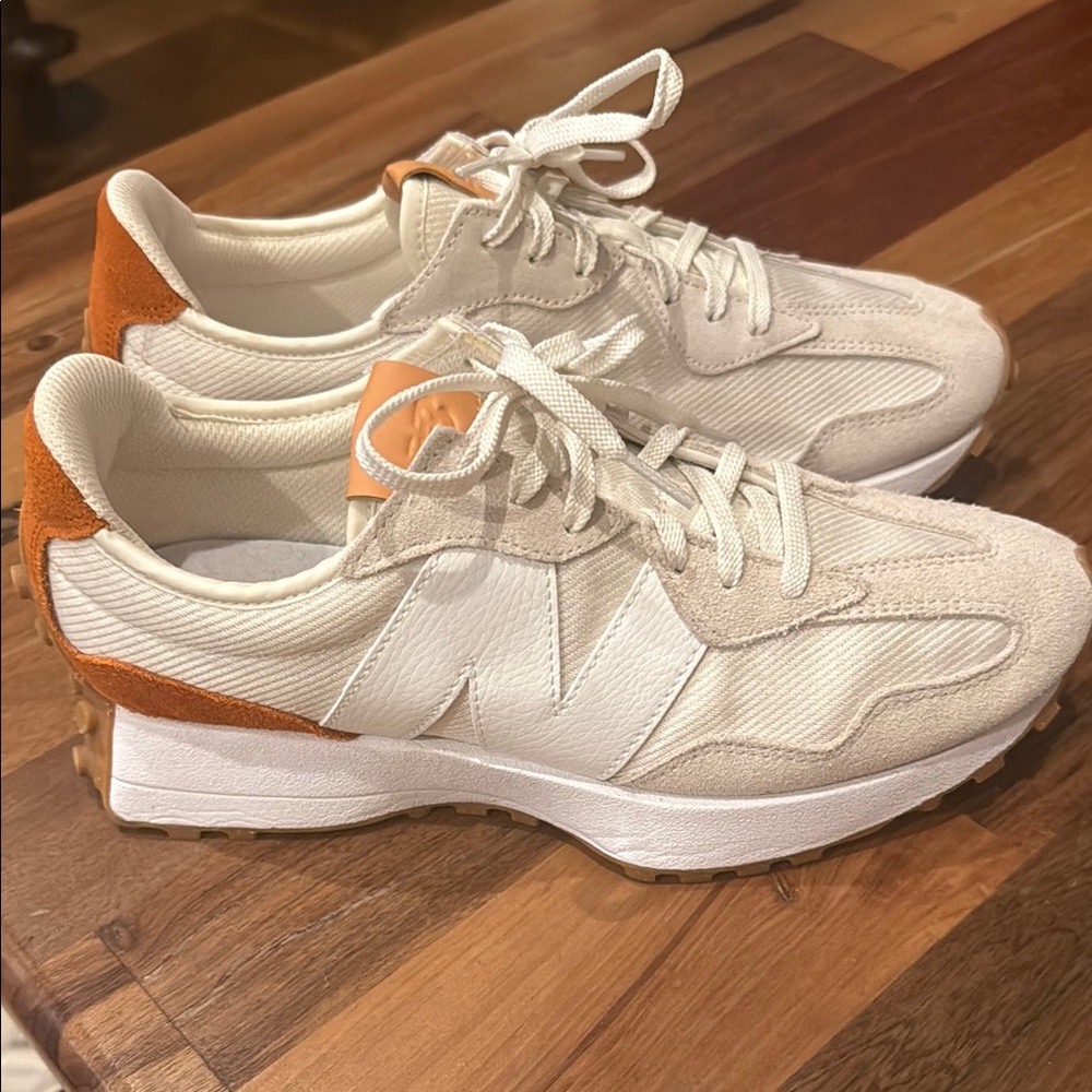 New Balance 327 Cream and Orange Sneakers with Minimalist Design
